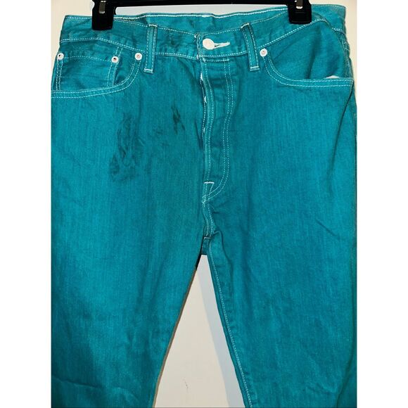 Levis 501 Button Fly Jeans Men's 34 x 26.5 Turquoise Teal relaxed Straight red t - Picture 3 of 8